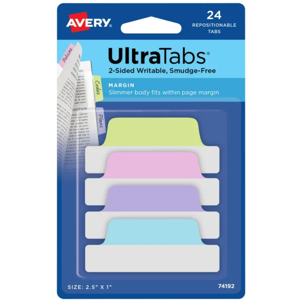 Avery Ultratabs, Margin Style, 2.5" x 1", Write-on, Pastel Colors, 24 Tabs