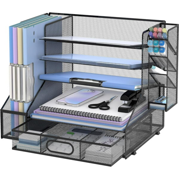 Desk Organizer with File Holder, 5-Tier Mesh Paper Letter Tray Organizer with Pen Holder and Drawer, Desktop Organizer and Storage with 3 Tilted File Sorter for School Supplies, Black