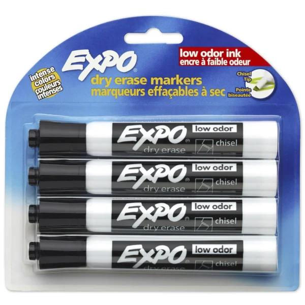 Expo Low Odor Dry Erase Markers, Chisel Tip, Black, 4 Count