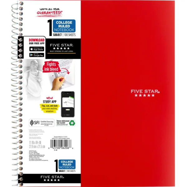 Five Star Wirebound Notebook Plus Study App, 1 Subject, College Ruled, Fire Red (820002B-WMT-MOD)