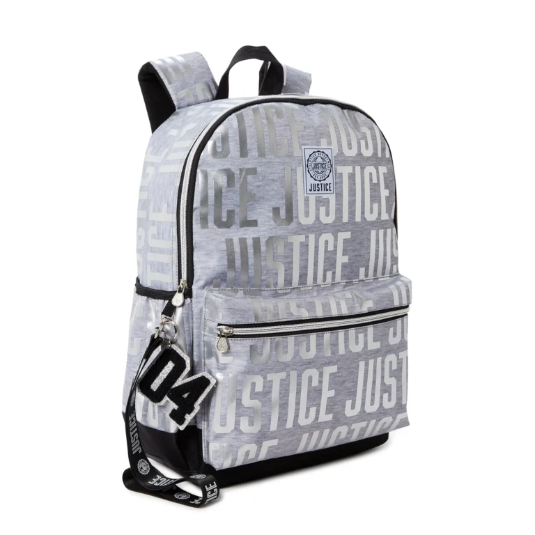 Justice Girls 17" Laptop Backpack with Lanyard Metallic Print Silver Grey - Image 2